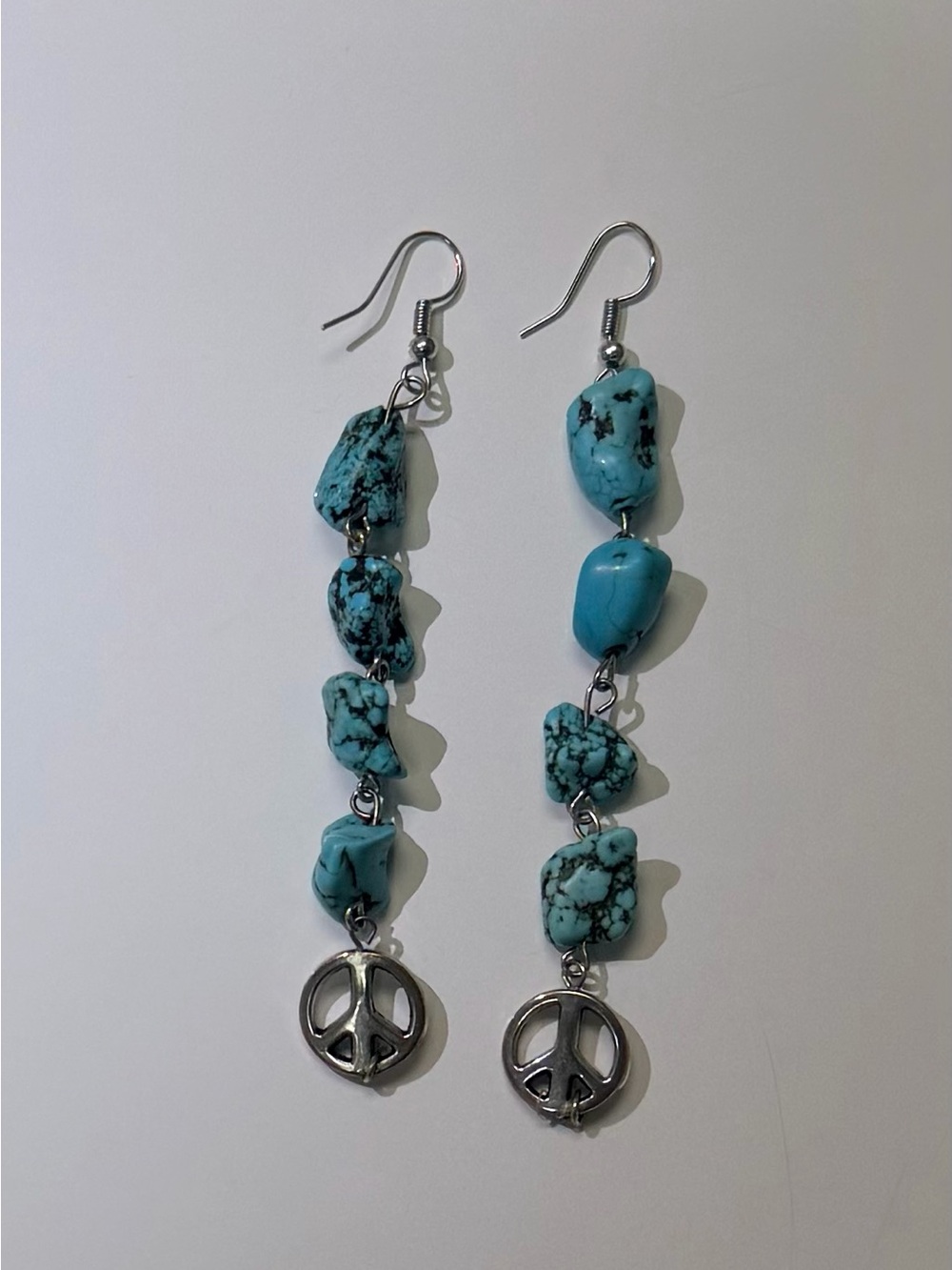 Boho Turquoise Stone Dangle Earrings with Silver Peace Charm - Women Jewelry